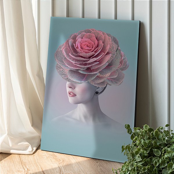 Quadro Decorativo Canvas Beleza Feminina Face de Mulher com Rosa Vertical
