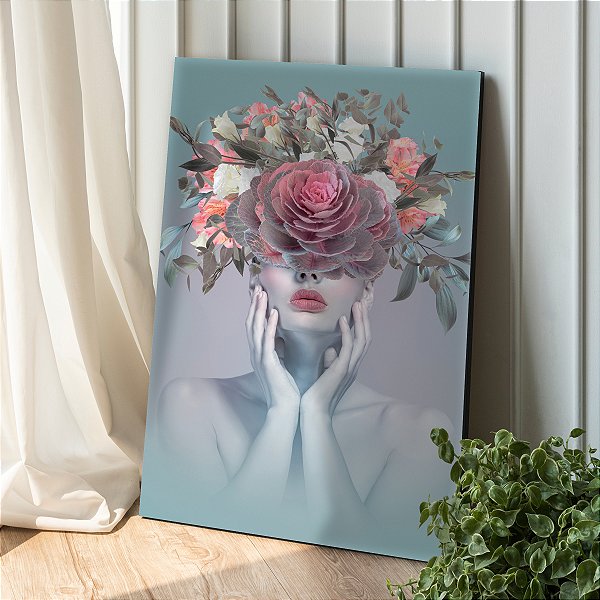 Quadro Decorativo Canvas Beleza Feminina Face com Flores Vertical