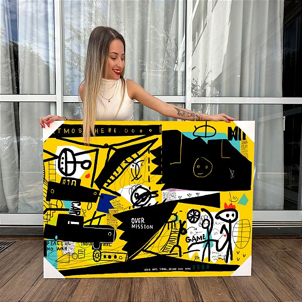 Quadro Decorativo Canvas Street Art Com Desenhos em Gravuras Fundo Amarelo Horizontal