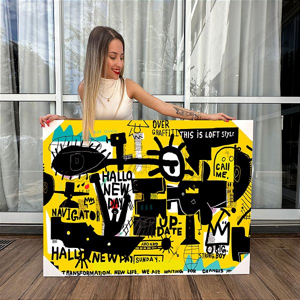 Quadro Decorativo Canvas Street Art Com Desenhos em Gravuras Fundo Amarelo Horizontal