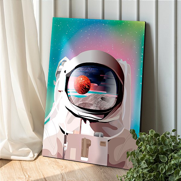 Quadro Decorativo Canvas Composição Abstrata de Astronauta Refletindo Planetas no Capacete Vertical
