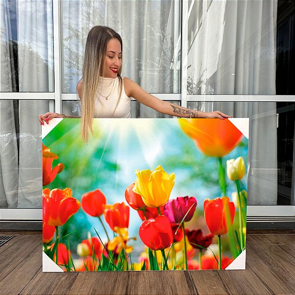 Quadro Decorativo Canvas Floral Flores Tulipas Coloridas Horizontal