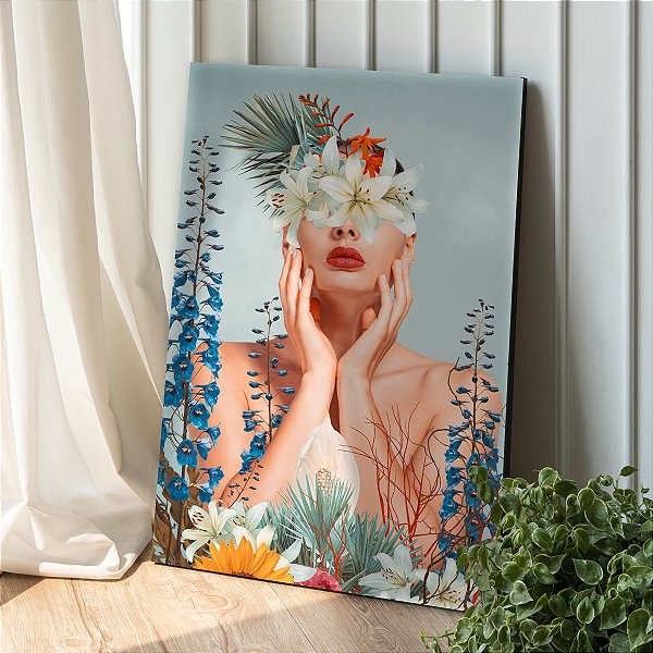 Quadro Decorativo Canvas Beleza Feminina Face com Flores Vertical
