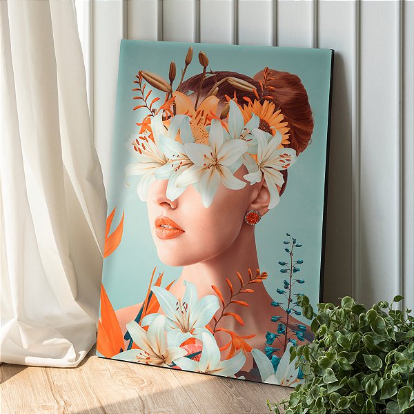 Quadro Decorativo Canvas Beleza Feminina Face com Flores Vertical