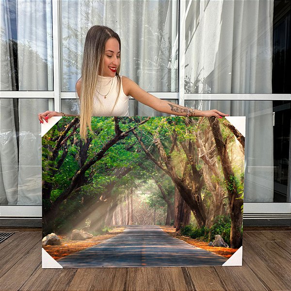 Quadro Decorativo Canvas Paisagem de Estrada com Floresta Raios de Sol Horizontal