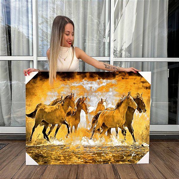 Quadro Decorativo Canvas Cavalos Dourados Fundo Abstrato Horizontal