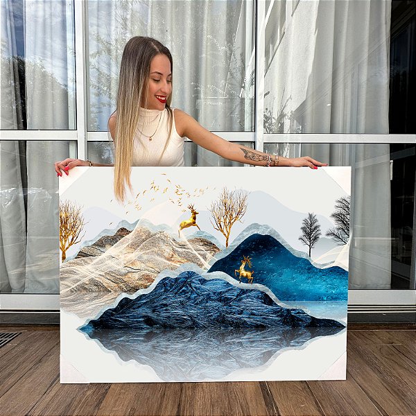 Quadro Decorativo Canvas Abstrato Veados Dourados nas Montanhas Horizontal
