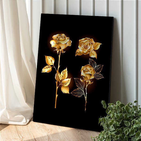 Quadro Decorativo Canvas Floral Elegante Rosas Gold Vertical