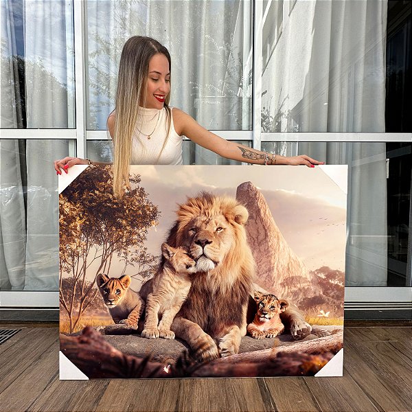 Quadro Decorativo Canvas Família Leão 3 Filhotes Horizontal