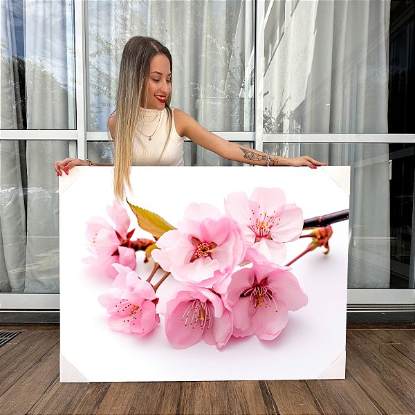 Quadro Decorativo Canvas Flores Rosas em Fundo Branco Horizontal