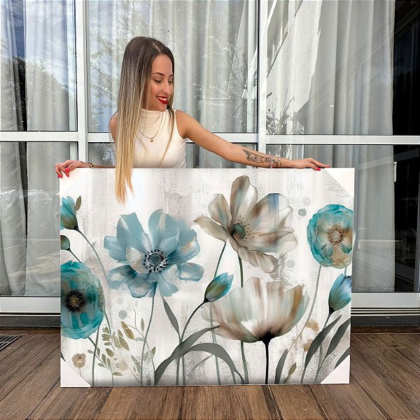 Quadro Decorativo Canvas Flores Azuis e Marrons Pintura Horizontal