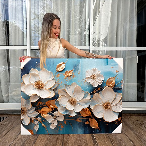 Quadro Decorativo Canvas Flores Brancas Fundo Azul Pintura Horizontal