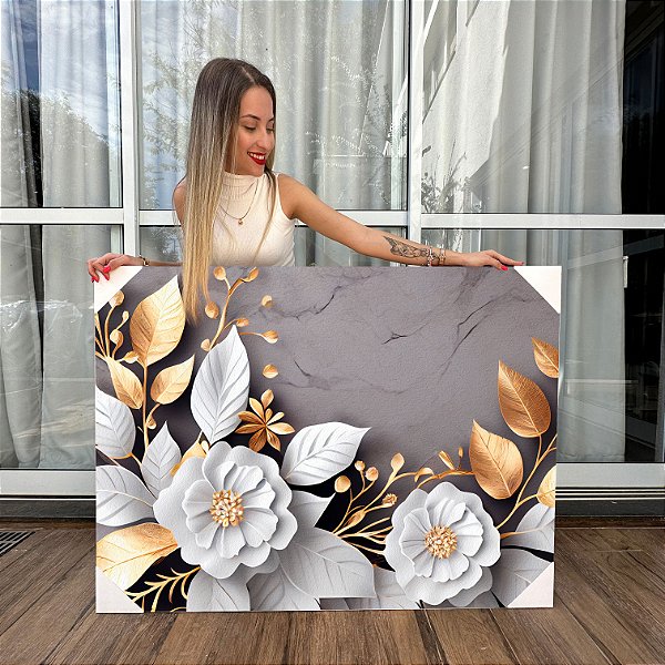 Quadro Decorativo Canvas Flores e Folhas Brancas e Douradas Horizontal