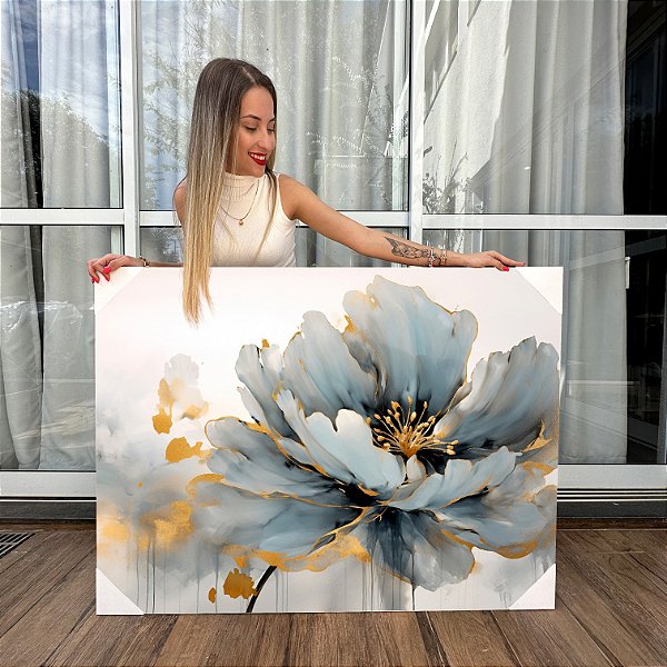 Quadro Decorativo Canvas Flor Azul com Detalhes Dourados Horizontal