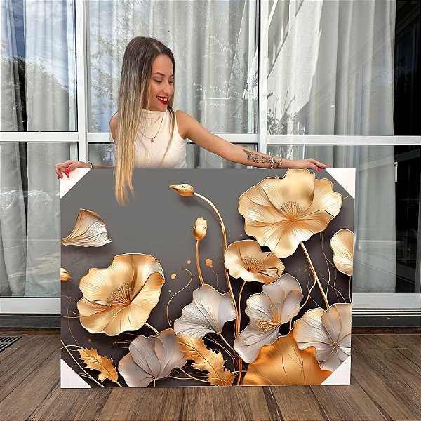 Quadro Decorativo Canvas Flores Abstratas Douradas Horizontal