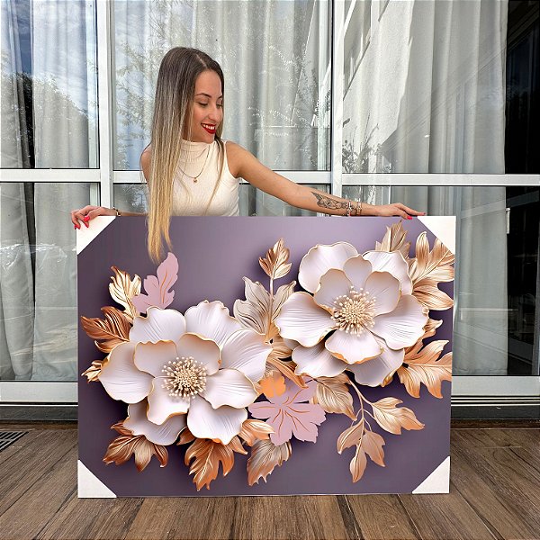 Quadro Decorativo Canvas Duas Flores Brancas Folhas Douradas Horizontal