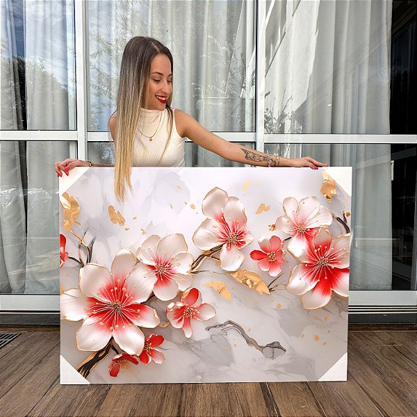 Quadro Decorativo Canvas Flores Brancas Detalhes Vermelhos Horizontal
