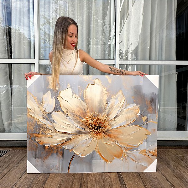 Quadro Decorativo Canvas Flor Grande Dourada e Fundo Cinza Horizontal