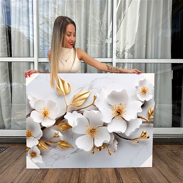 Quadro Decorativo Canvas Flores Brancas Folhas Douradas Horizontal