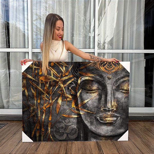 Quadro Decorativo Canvas Religioso Buda com Folhas Douradas Horizontal