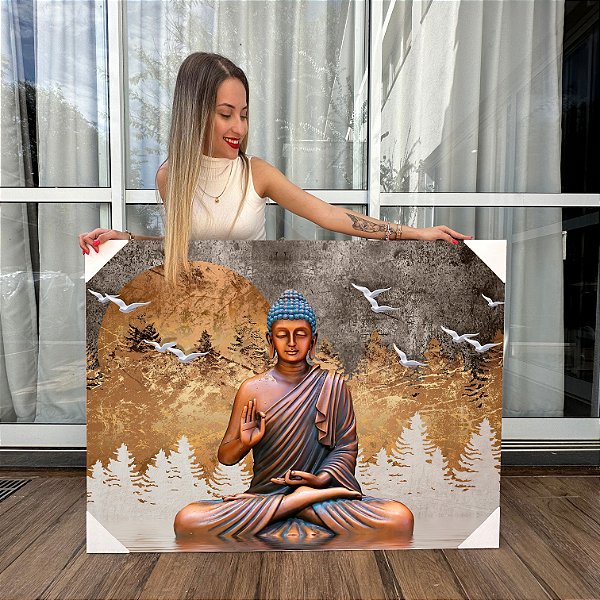 Quadro Decorativo Canvas Religioso Buda com Pássaros Brancos Horizontal