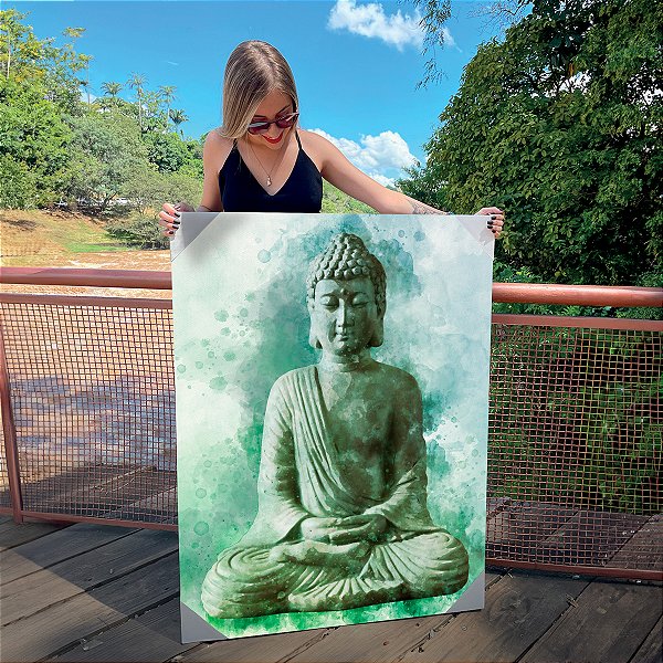 Quadro Decorativo Canvas Religioso Buda Abstrato Fundo Verde Vertical