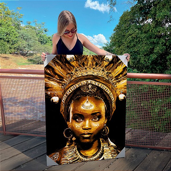 Quadro Decorativo Canvas Mulher com Coroa Ornamental Dourada Vertical