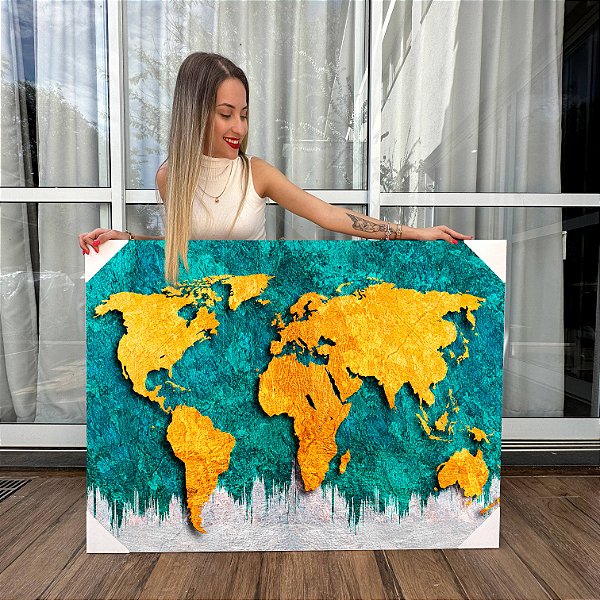 Quadro Decorativo Canvas Abstrato Mapa-Mundi Colorido Horizontal