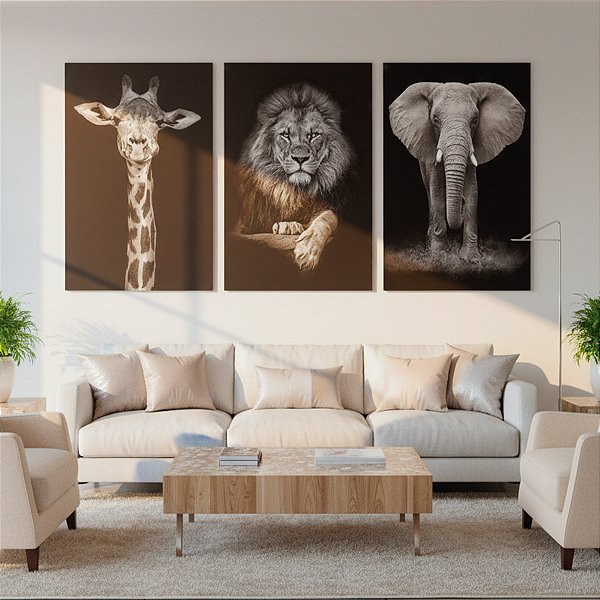 Quadros Decorativos Trio em Canvas Animais Silvestres Leão Girafa e Elefante Preto e Branco