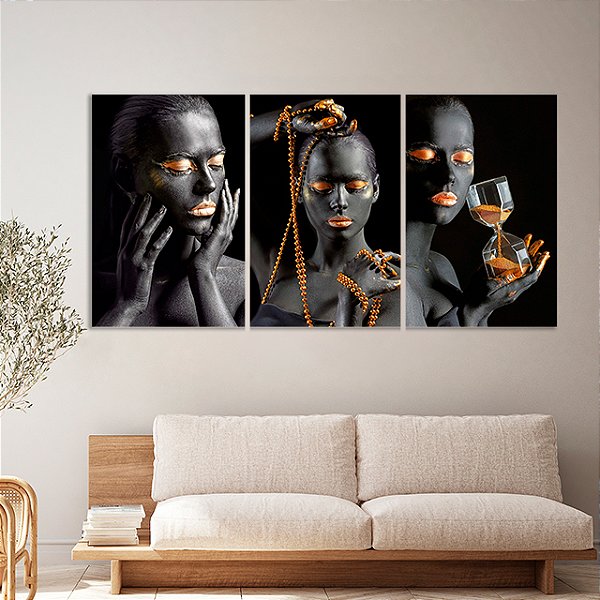 Quadros Decorativos Trio em Canvas Beleza Feminina Mulheres com Maquiagem Preta e Dourada
