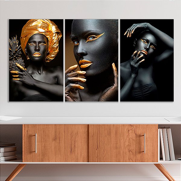 Quadros Decorativos Trio em Canvas Beleza Feminina Mulheres com Maquiagem Preta e Dourada