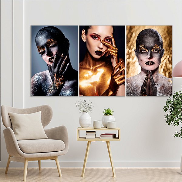 Quadros Decorativos Trio em Canvas Beleza Feminina Mulheres com Maquiagem Preta e Dourada
