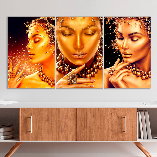 Quadros Decorativos Trio em Canvas Beleza Feminina Mulheres com Maquiagem Dourada