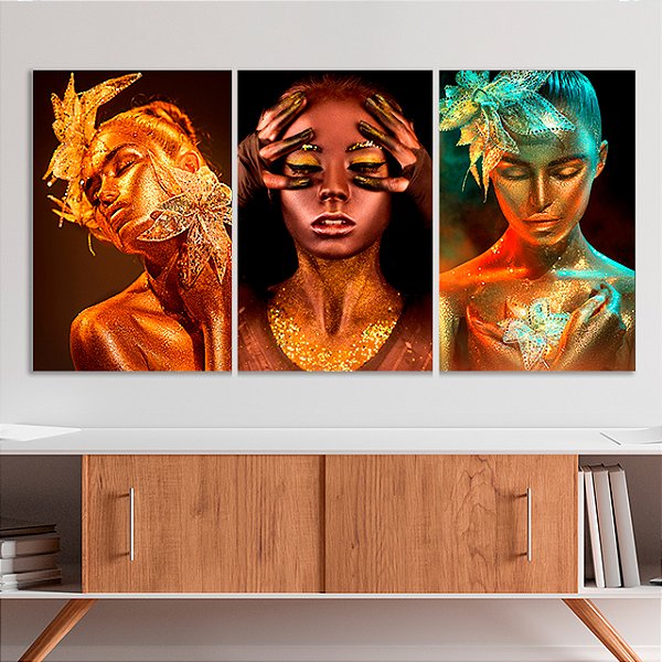 Quadros Decorativos Trio em Canvas Beleza Feminina Mulheres com Maquiagem Dourada