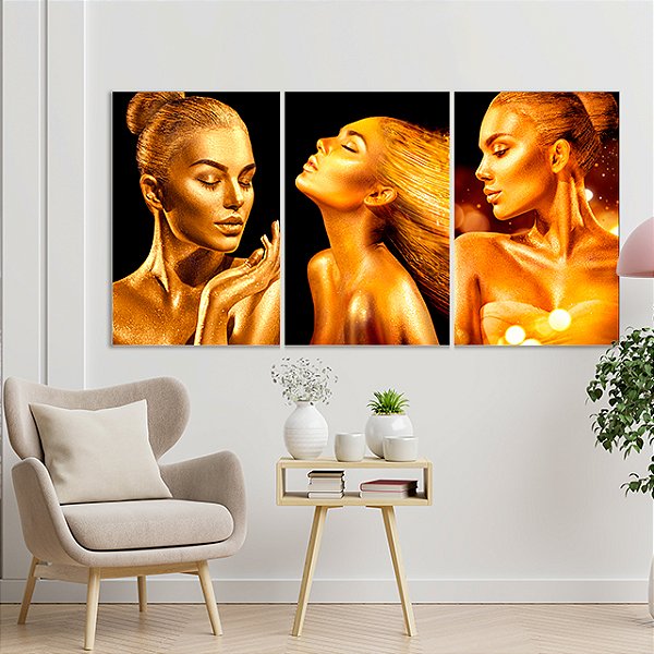 Quadros Decorativos Trio em Canvas Beleza Feminina Mulheres com Maquiagem Dourada