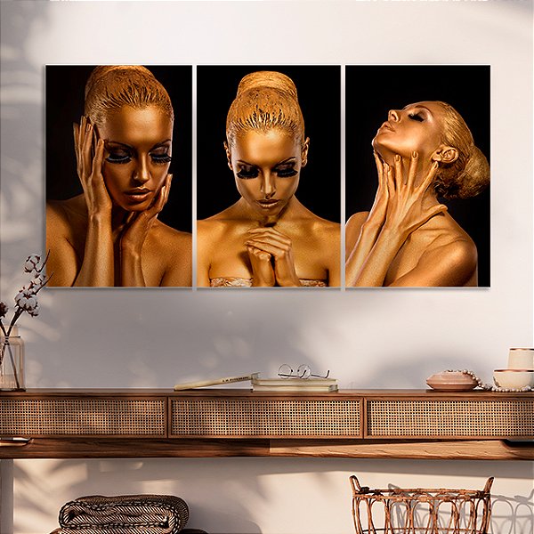 Quadros Decorativos Trio em Canvas Beleza Feminina Mulheres com Maquiagem Dourada