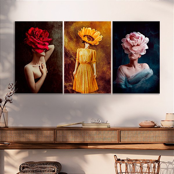 Quadros Decorativos Trio em Canvas Mulheres com Flores na Cabeça