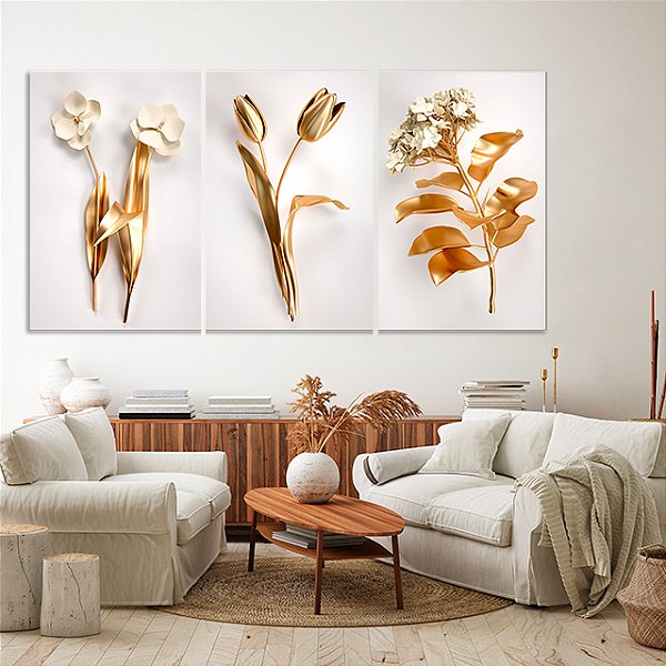 Quadros Decorativos Trio em Canvas Flores Douradas e Brancas