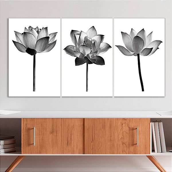 Quadros Decorativos Trio em Canvas Natureza Flores de Lótus Preto e Branco