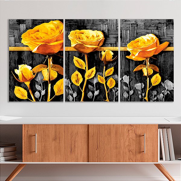 Quadros Decorativos Trio em Canvas Abstrato Flores Amarelas