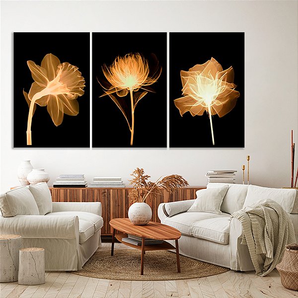Quadros Decorativos Trio em Canvas Abstrato Flores Douradas Raio X