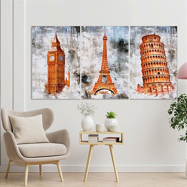 Quadros Decorativos Trio em Canvas Abstrato Monumentos Históricos