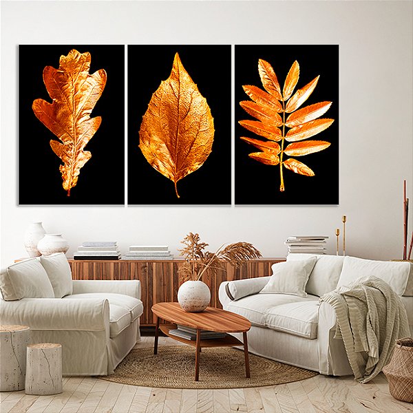 Quadros Decorativos Trio em Canvas Folhas Douradas em Fundo Preto