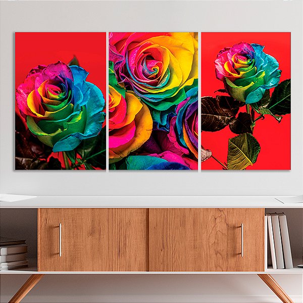 Quadros Decorativos Trio em Canvas Floral Rosas Coloridas em Fundo Vermelho