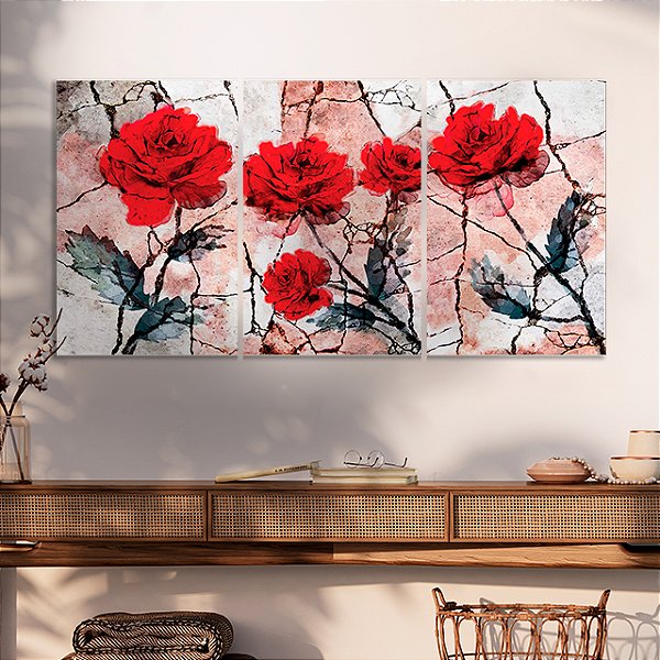 Quadros Decorativos Trio em Canvas Floral Rosas com Fundo Abstrato