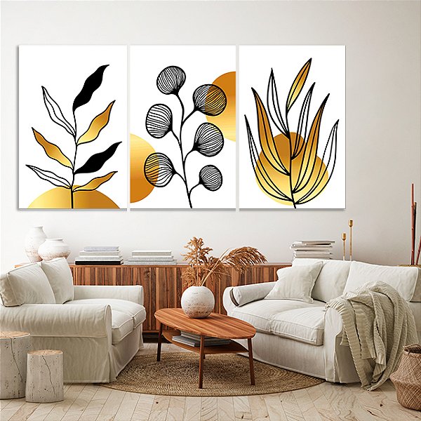 Quadros Decorativos Trio em Canvas Composição Abstrata de Folhas com Detalhes Dourados