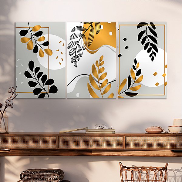 Quadros Decorativos Trio em Canvas Composição Abstrata de Folhas com Detalhes Dourados