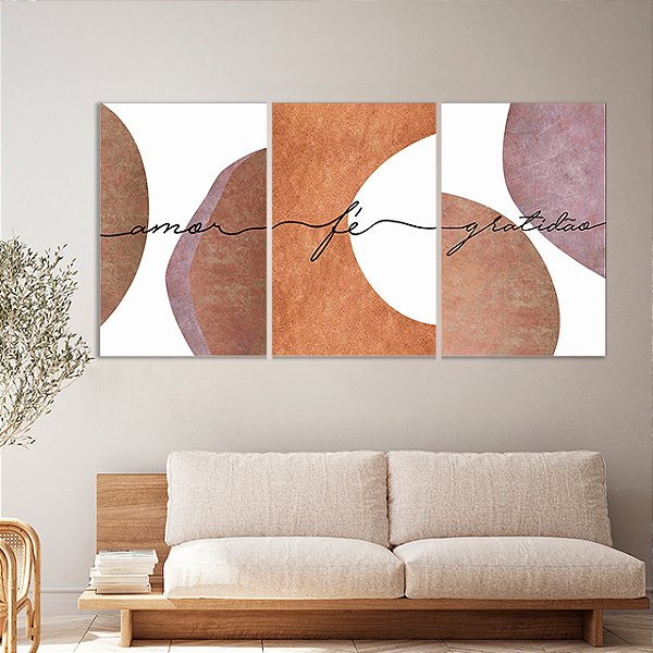Quadros Decorativos Trio em Canvas Abstrato Amor Fé e Gratidão