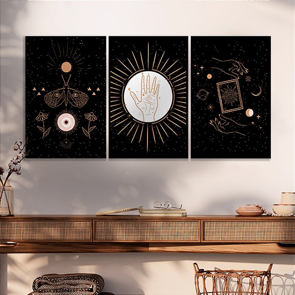 Quadros Decorativos Trio em Canvas Abstrato Símbolos Místicos em Fundo Preto