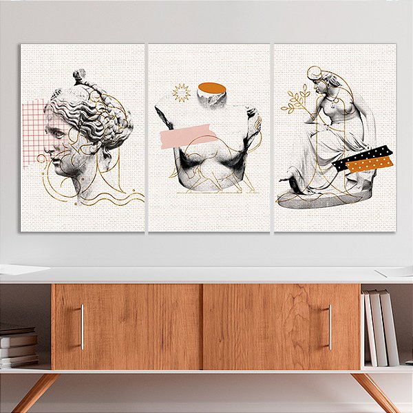 Quadros Decorativos Trio em Canvas Abstrato Estátuas Pop Art